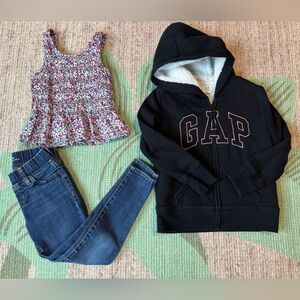GAP Black Sherpa Lined Hoodie with Floral Tank and Denim Jeans- girls size 6/7